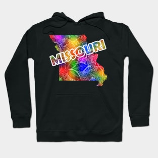 Colorful mandala art map of Missouri with text in multicolor pattern Hoodie